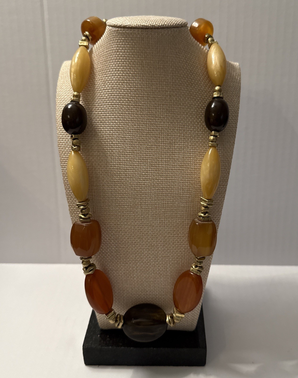 Vtg Amber & Lucite Earth Tone Bead Long Strand Necklace Retro Boho Chic 23” Adj.