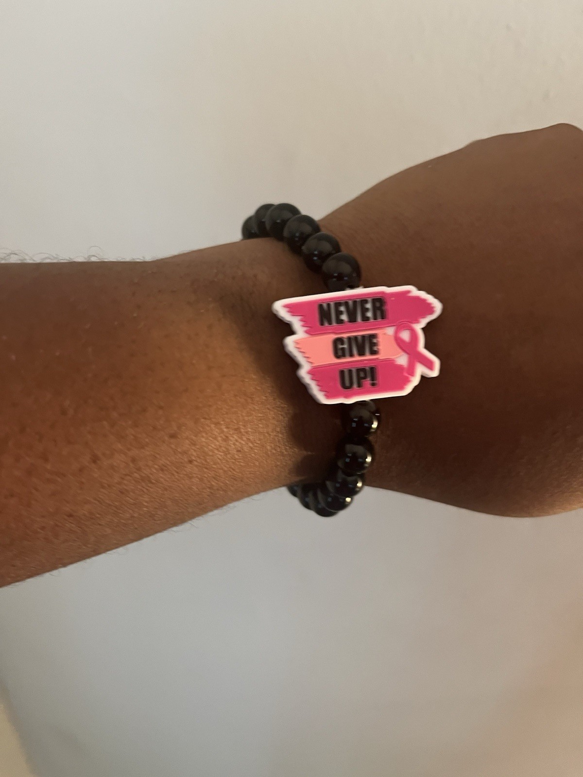 Black & Pink Plastic Beaded Stretch Bracelet, Sizable, Awareness Dangle Charm