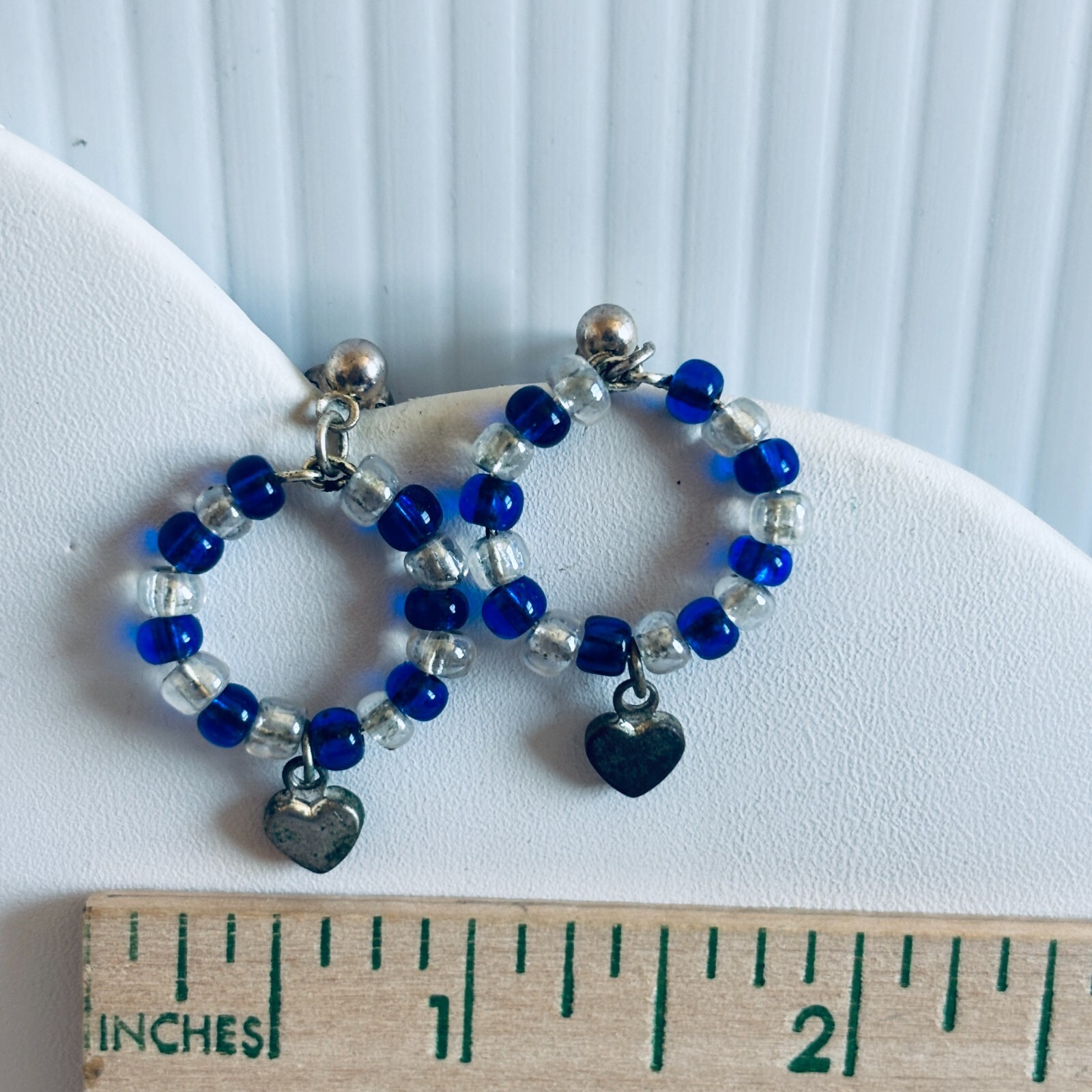 Blue White Silver Heart Bead Circle Earrings