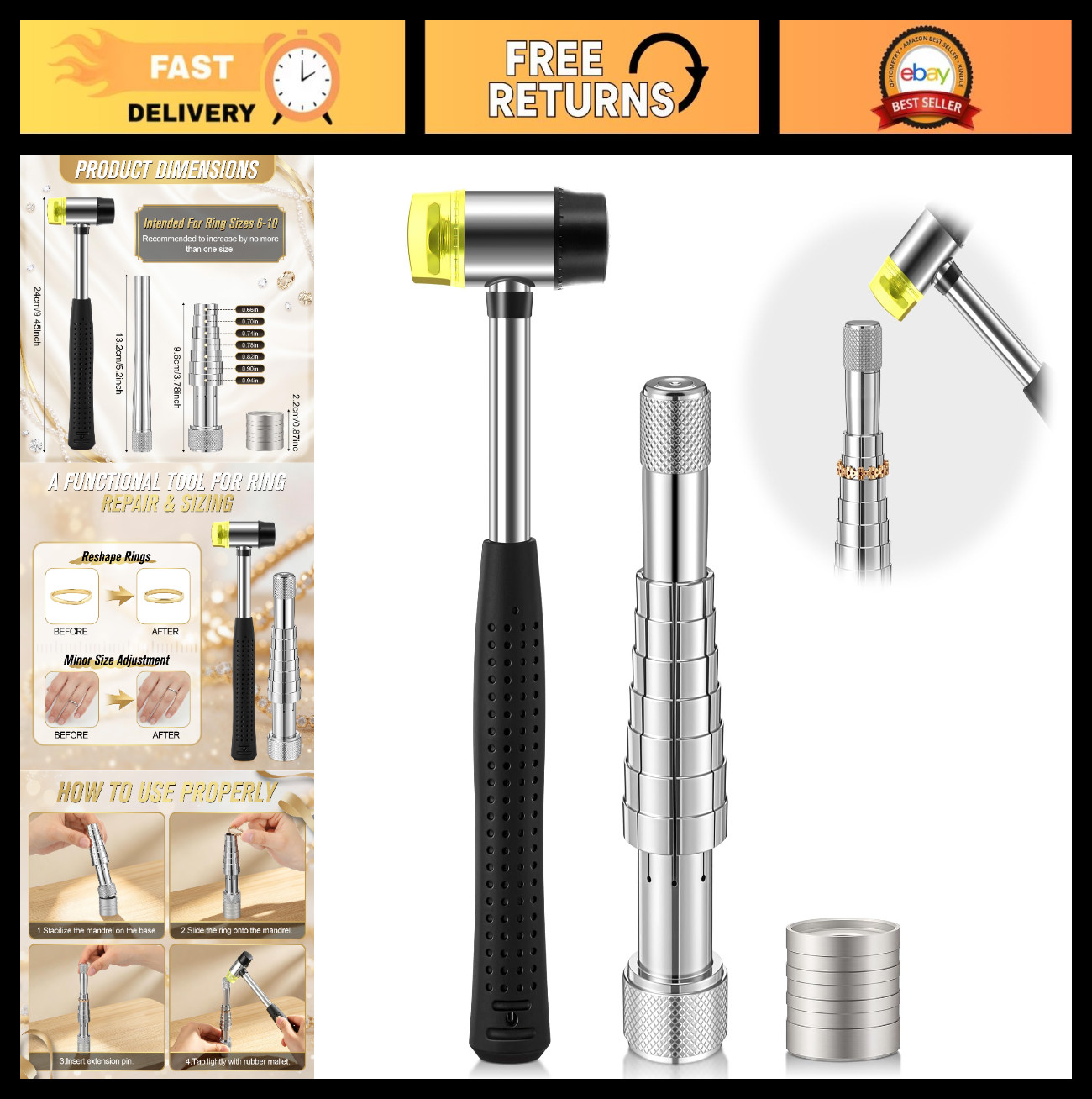 Ring Expander Tool Kit with Rubber Mallet | Jewelry Resizing for Gold, Silver &