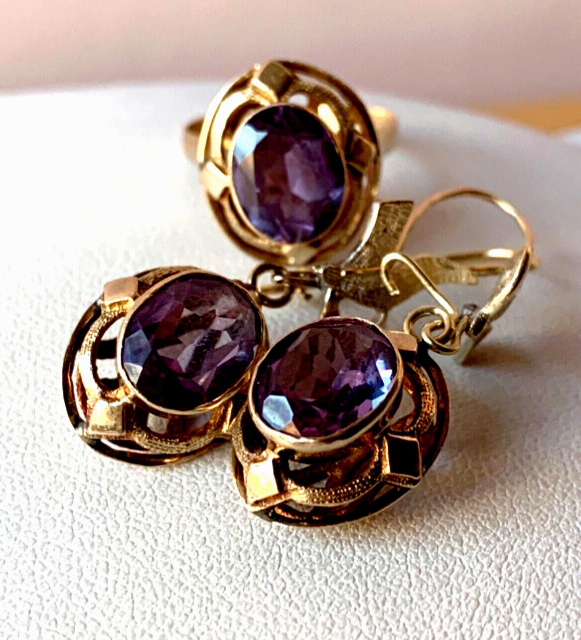VINTAGE 14K RING & EARRINGS COLOR CHANGE PURPLE SAPPHIRE SET OF 2 CUSTOM MADE
