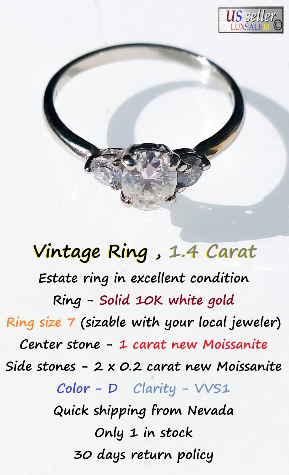 Estate ring ,10k gold ring ,1.4 carat certified ring. 3 stone ring