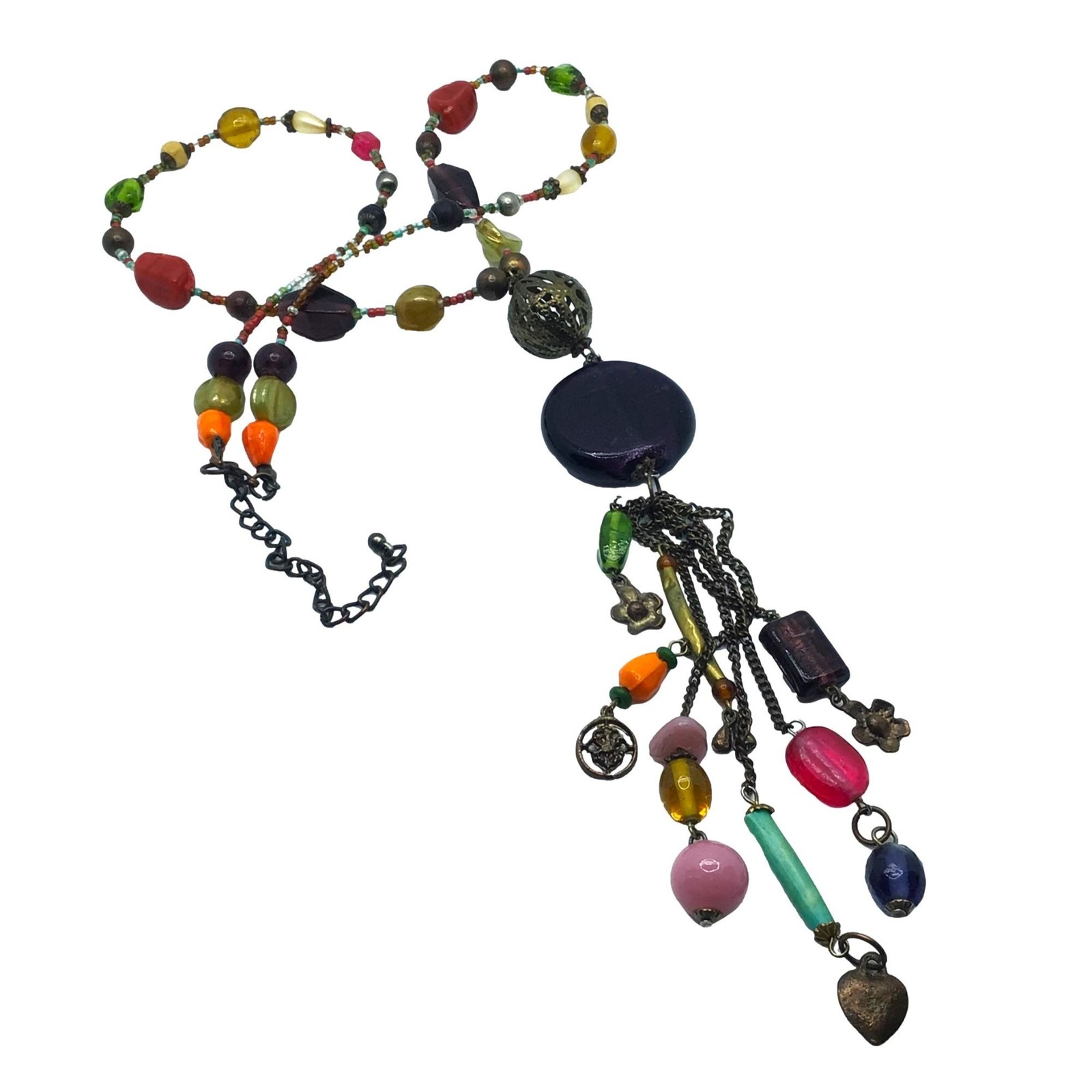 Tassel Necklace Mixed Glass Beads Purple Pink Blue Adjustable Length Casual Work