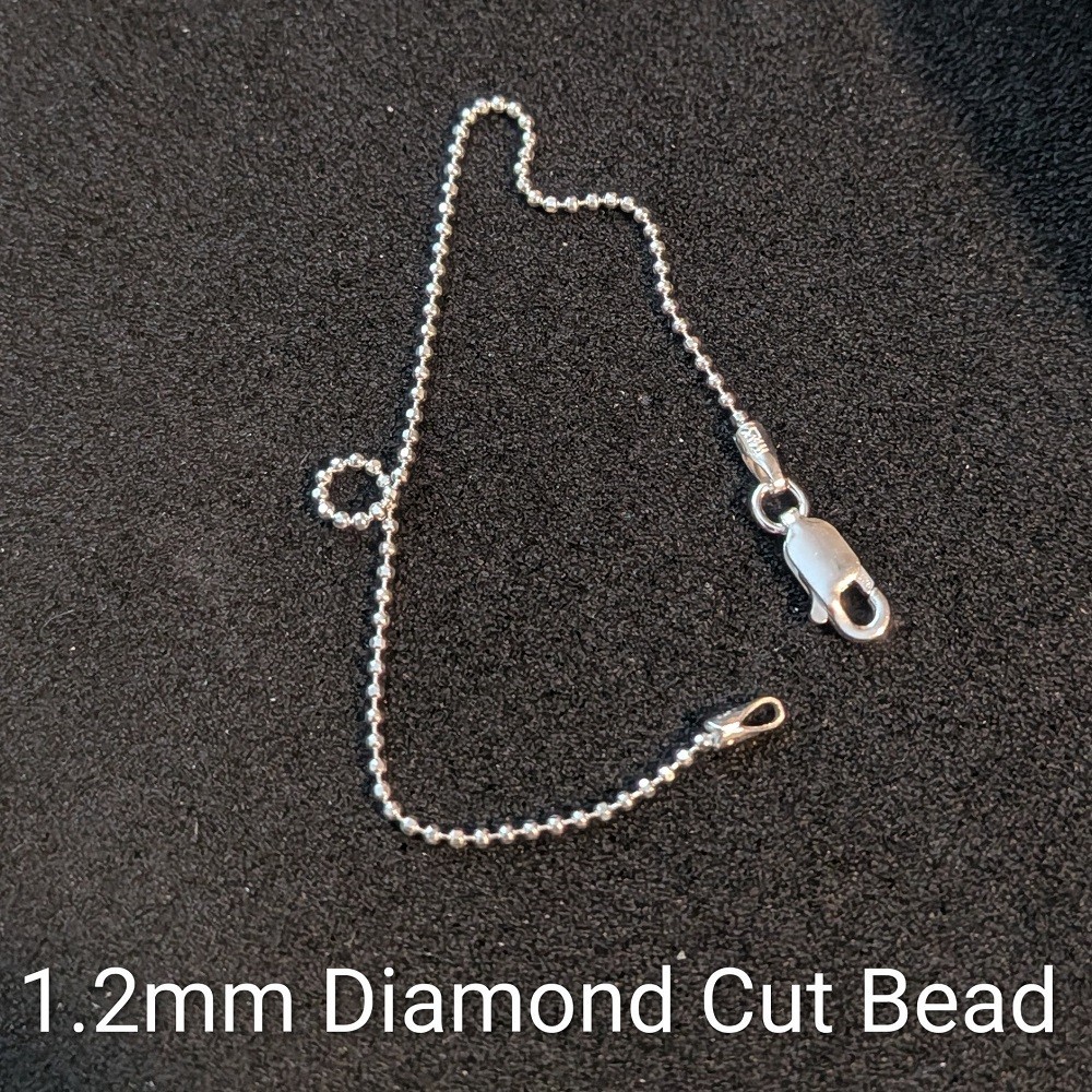 Diamond Cut Bead Chain Bracelet- 7.5 inch* (1.2mm*) -Sterling Silver- Made Italy