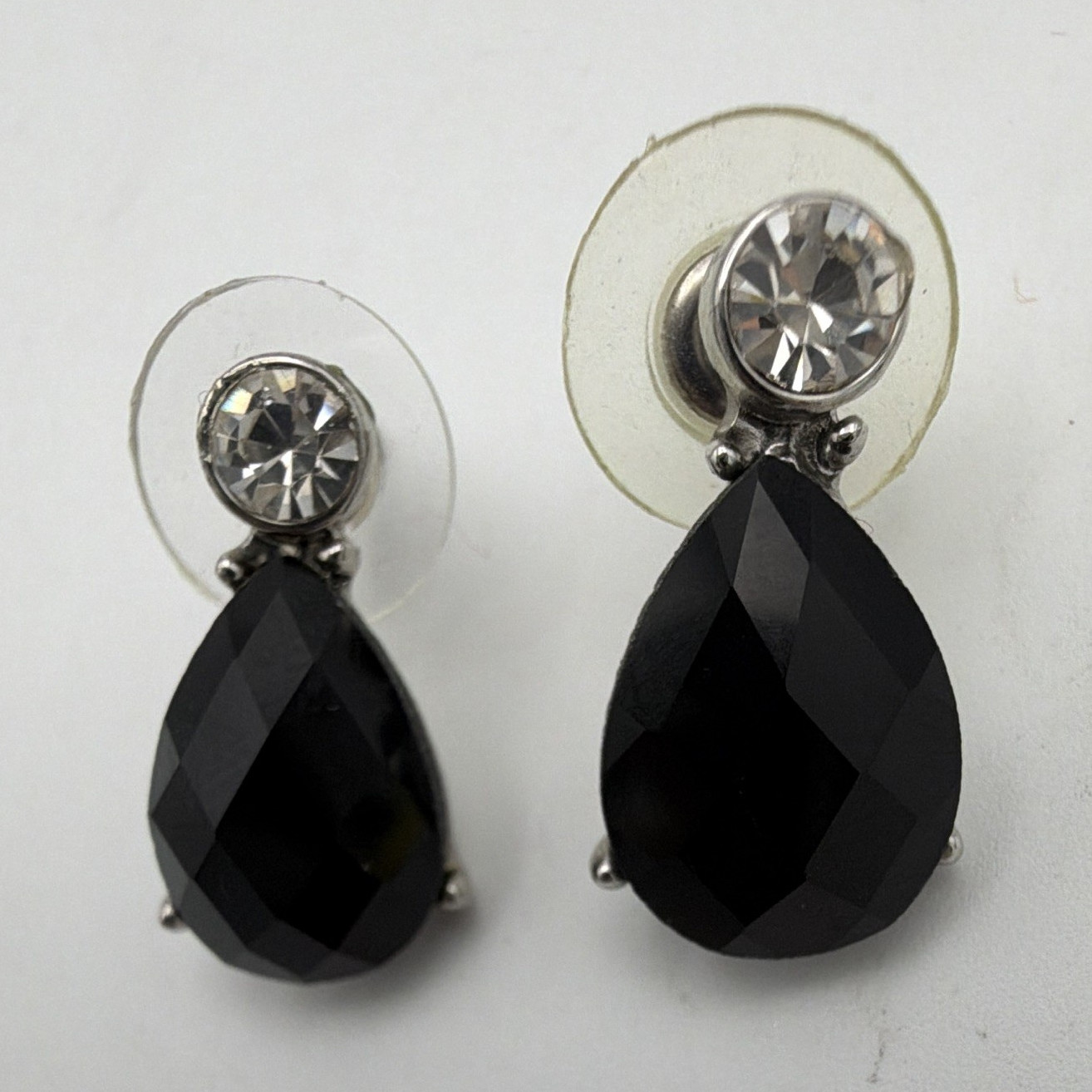 Silver Tone Black Teardrop Crystal Stud Drop Earrings Butterfly Closure .75”