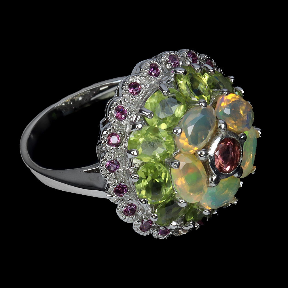 925 Sterling Silver Ring Oval Fire Opal Peridot Rhodolite Gemstone Jewelry Size