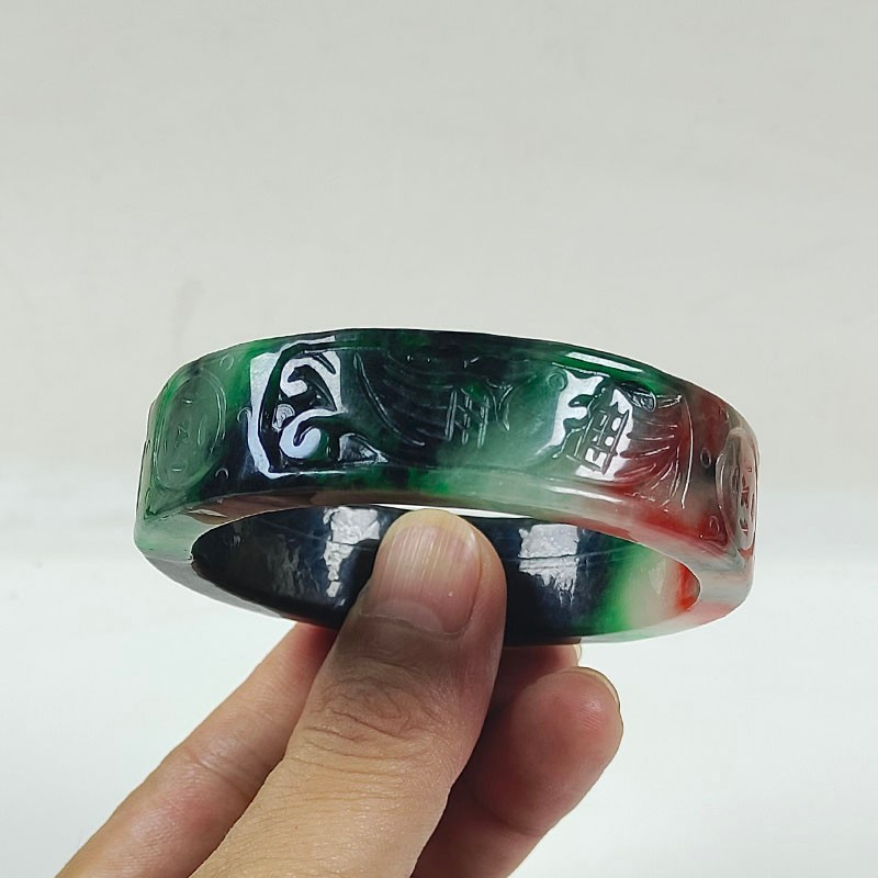 61mm Real Natural Ice Multicolor Burmese Jade jadeite Carving Bracelet Bangle