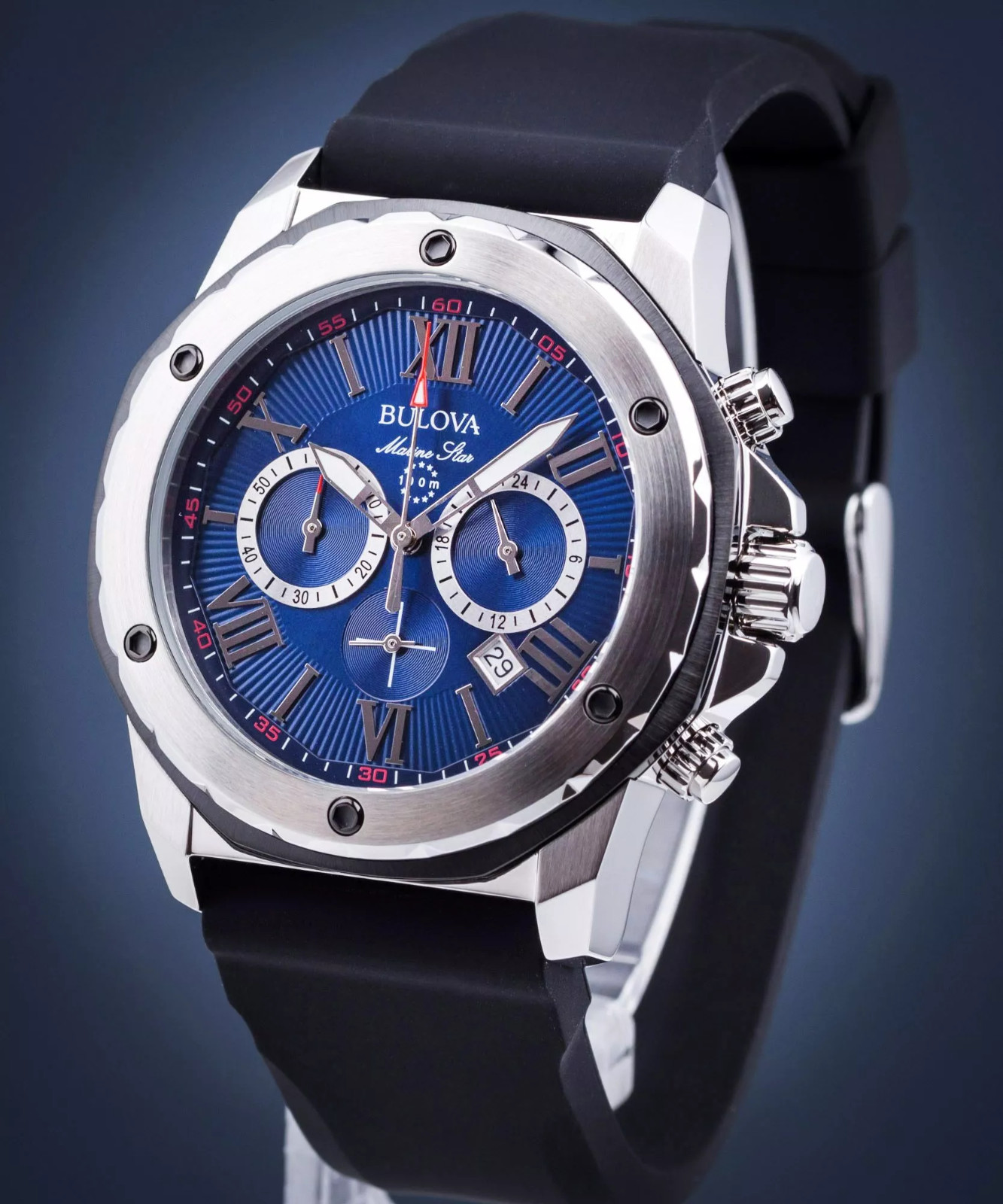 Bulova Marine Star 98B258 Blue Dial Black Rubber Strap Quartz Men’s Watch 44mm