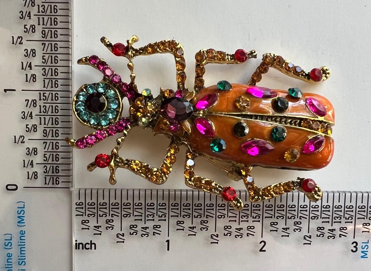 Scarab Beetle Pin LARGE Orange Enamel Rhinestone Victorian Egyptian Rev Vtg