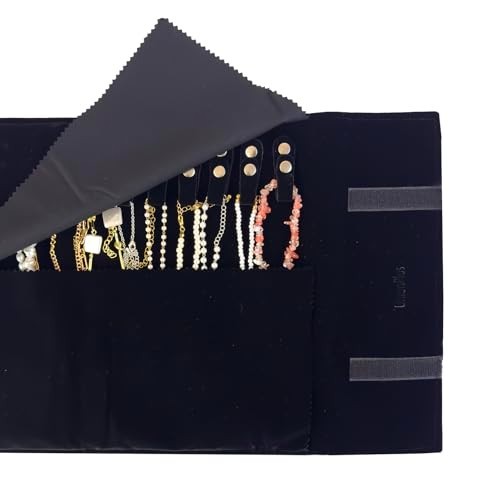 Velvet Travel Jewelry Roll Organizer Bag – Anti-Winding, Elastic Band, Black