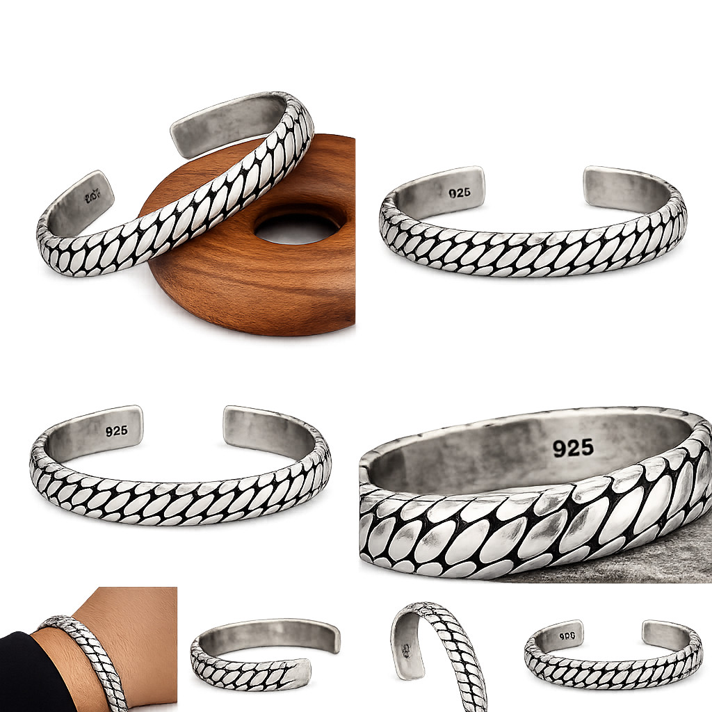 Mens Handmade 925 Sterling Silver Open Cuff Bracelet Vintage Twisted Bangle