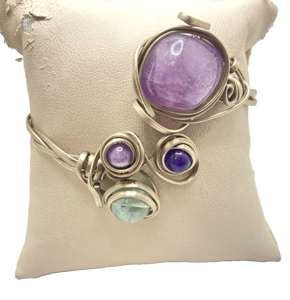 Silver-Toned Amethyst/Multi-Stone Bohemian Artsy Wrap Bracelet