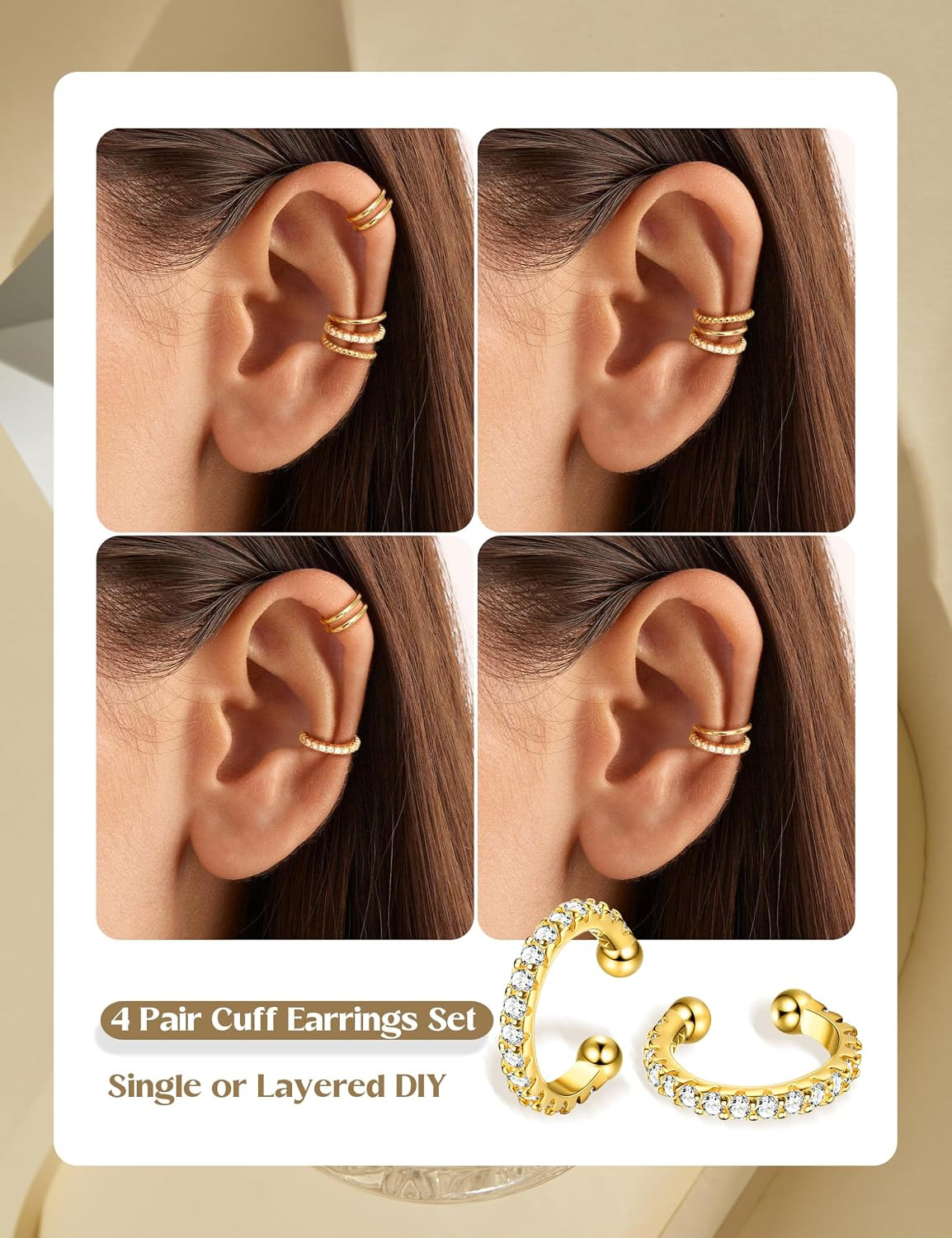 4 Pairs Ear Cuffs Non Piercing – 14K Gold Plated Ear Cuff Earrings for Women Ear