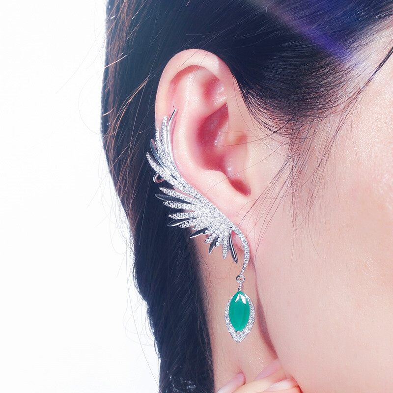 Women Silver Plated Cubic Zircon Dangle Drop Long Feather Wing Ear Cuff Earrings