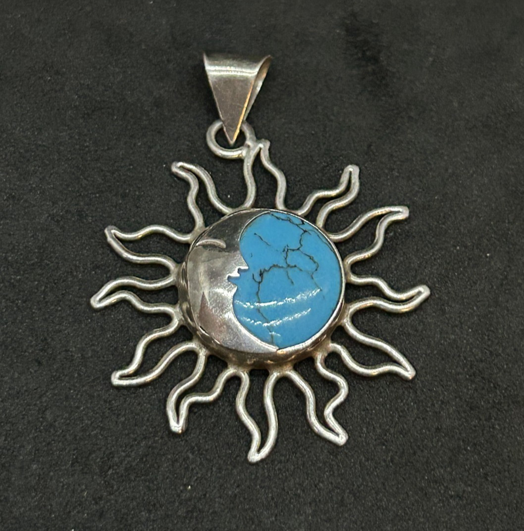 925 Sterling Mexico Turquoise Sun and Moon Pendant 1.5in – 5.67g