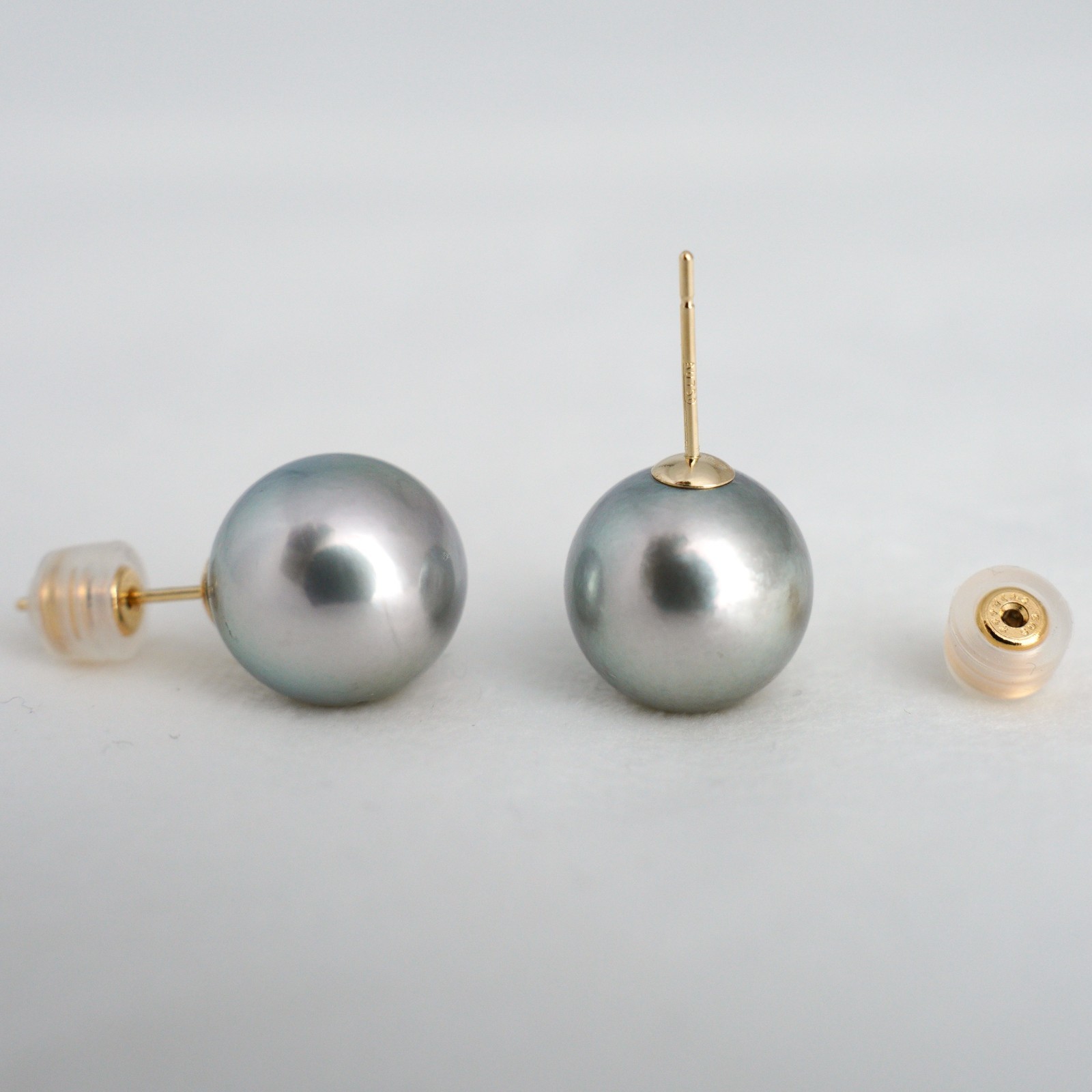 Big 12.2-12.4mm Round Silver Tahitian Pearl Stud Earrings 18k Solid Yellow Gold
