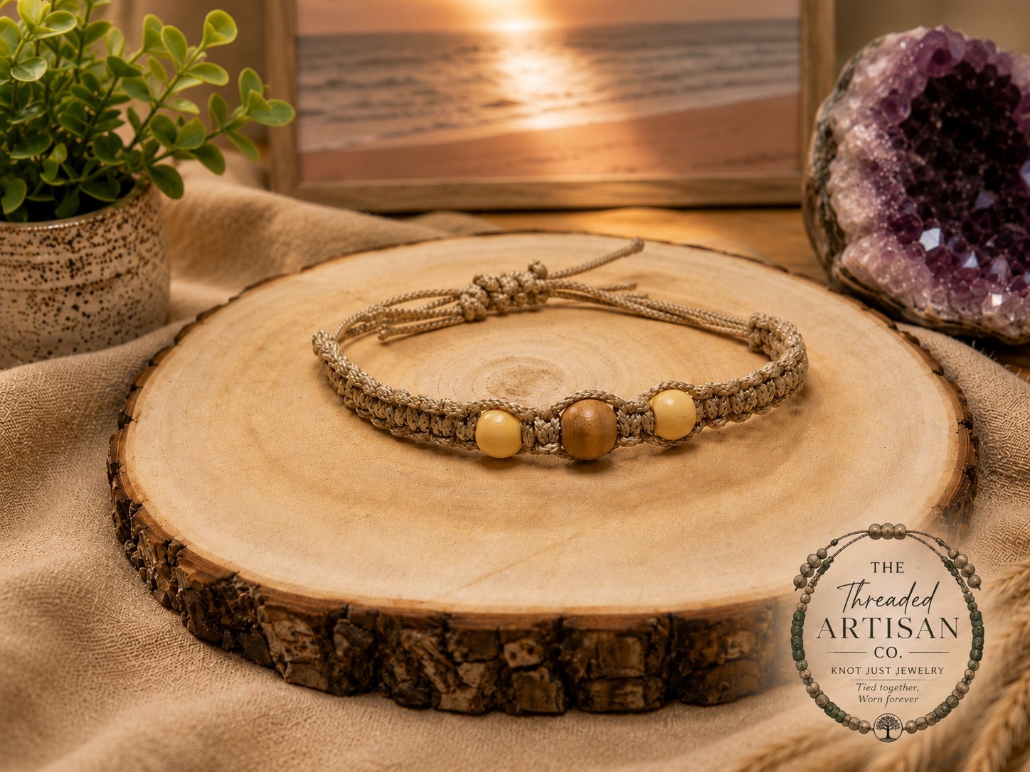 Handmade Boho Macrame Bracelet Adjustable Natural Wood Beaded Unisex, made in 🇨