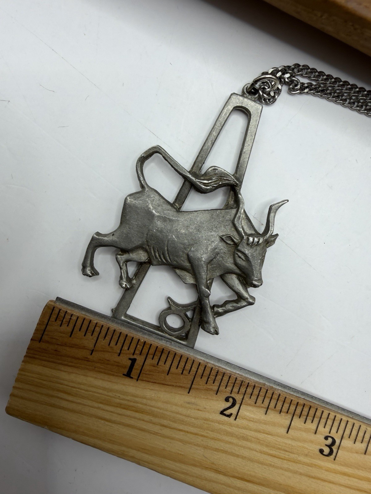 Vintage 1970s Taurus Necklace Zodiac Sign Astrology Cathedral Pewter 24″