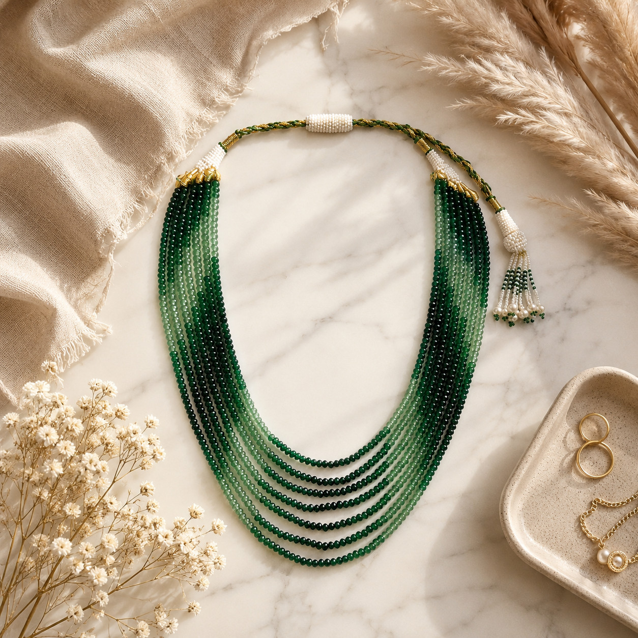 Green Shaded Quartz 7 Strand Necklace, Faceted 5mm Beaded, Adjustable Tie