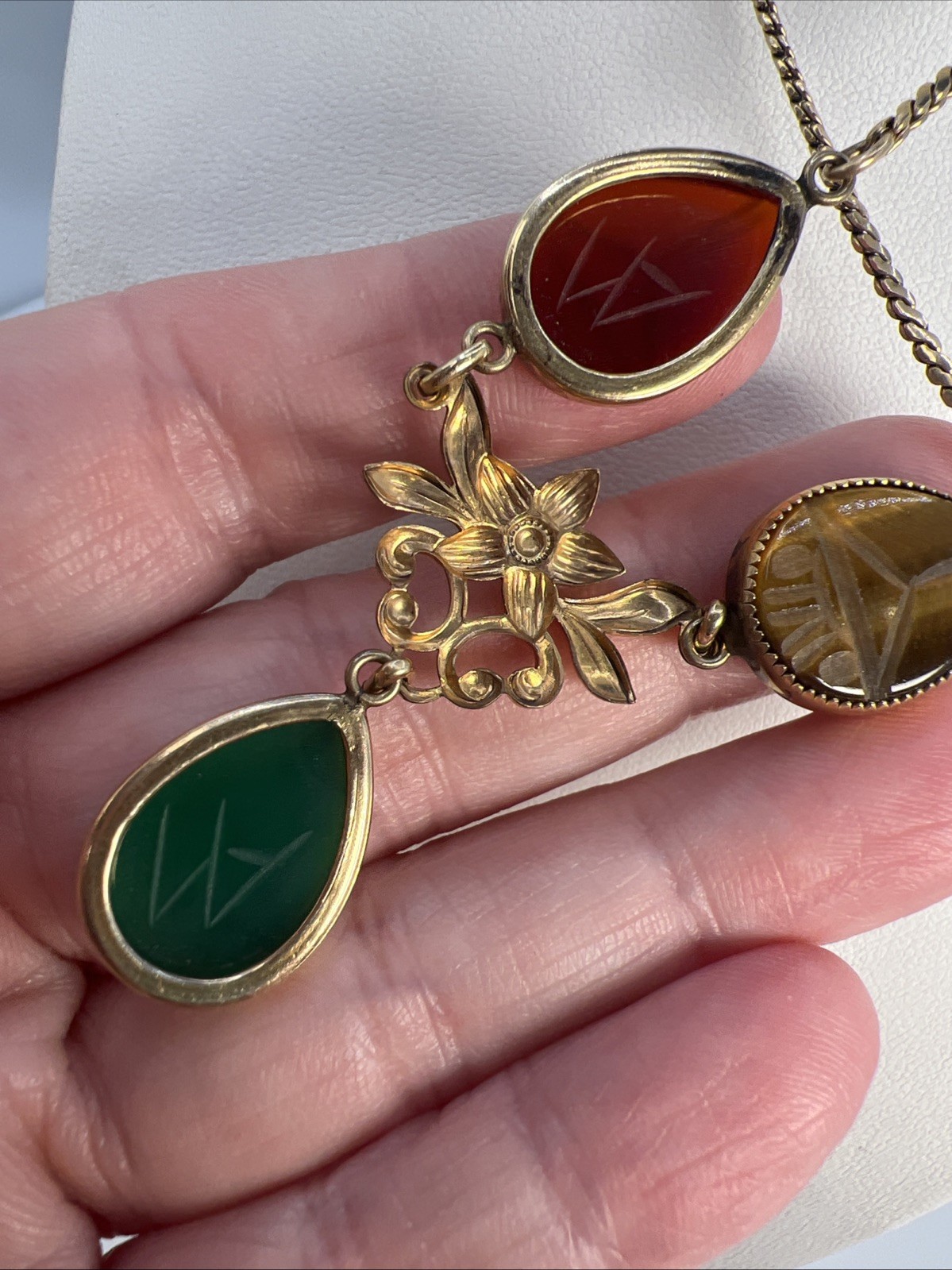Vintage 1/20 12K GF AMCO Scarab Gemstone Necklace 16” Egyptian Revival