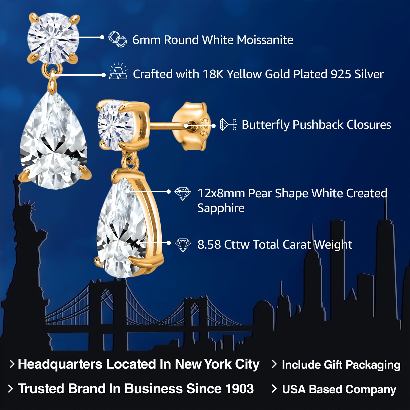 18K Yellow Gold Plated Silver White Created Sapphire and White Moissanite