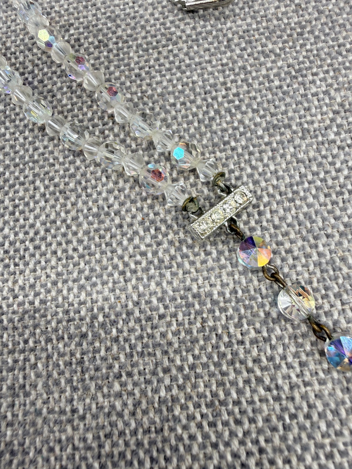 Vintage Necklace Earrings Jewelry Set Faceted AB Crystals Double Strand Clip Ons