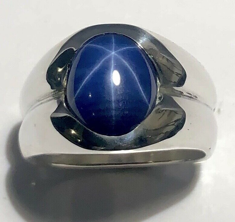 MJG STERLING SILVER MEN’S RING.12 X 10mm LAB CREATED BLUE STAR SAPPHIRE. SZ 9+