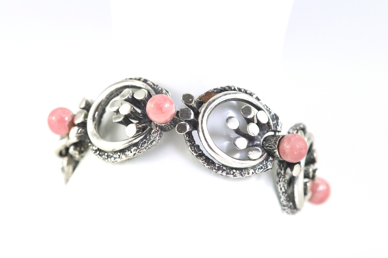 Floral Sterling Silver (925) Link Bracelet, with Rhodochrosite, Floral, L: 19cm