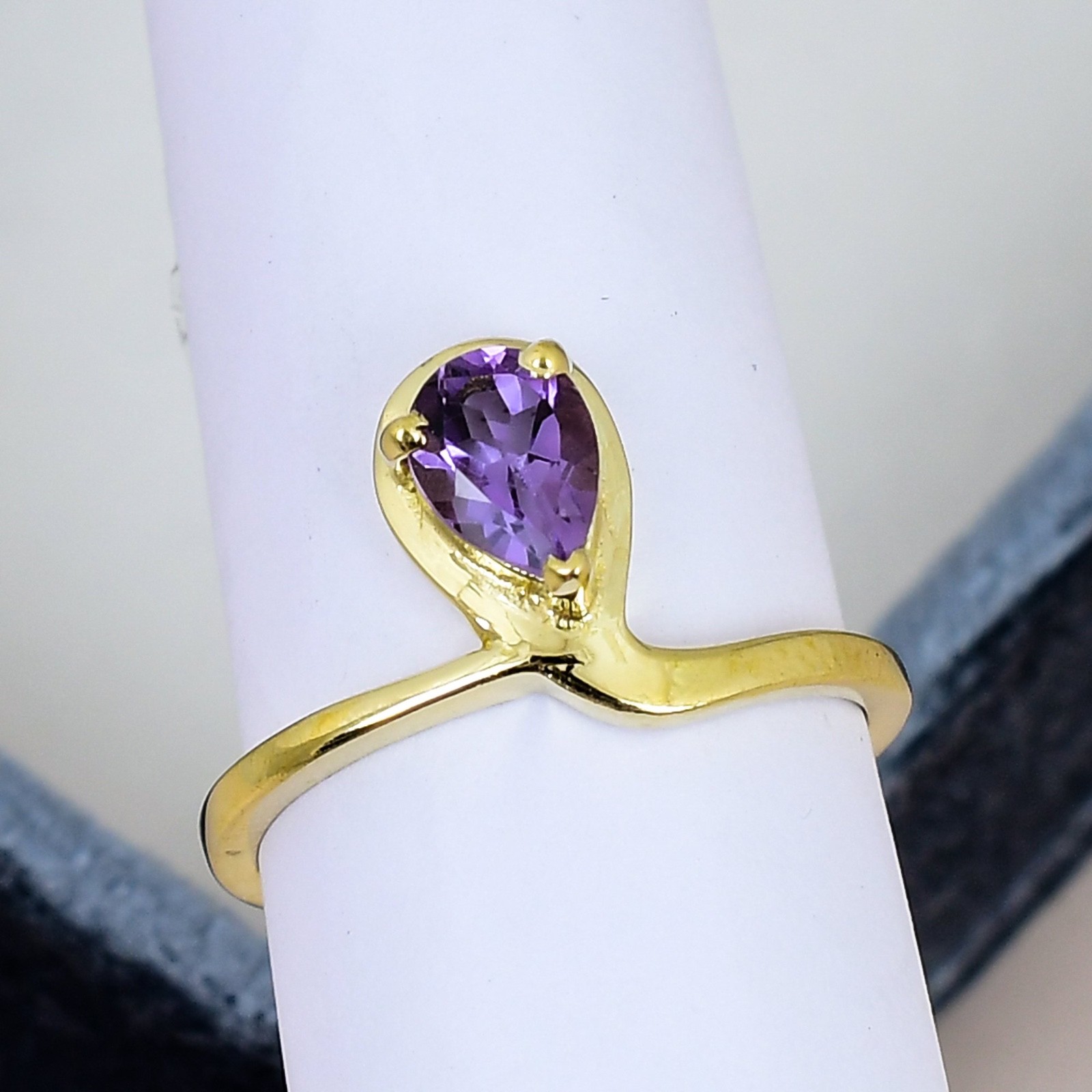 Amethyst Ring 18K Gold Plated 5x7mm Pear Gemstone Minimalist Solitaire Ring