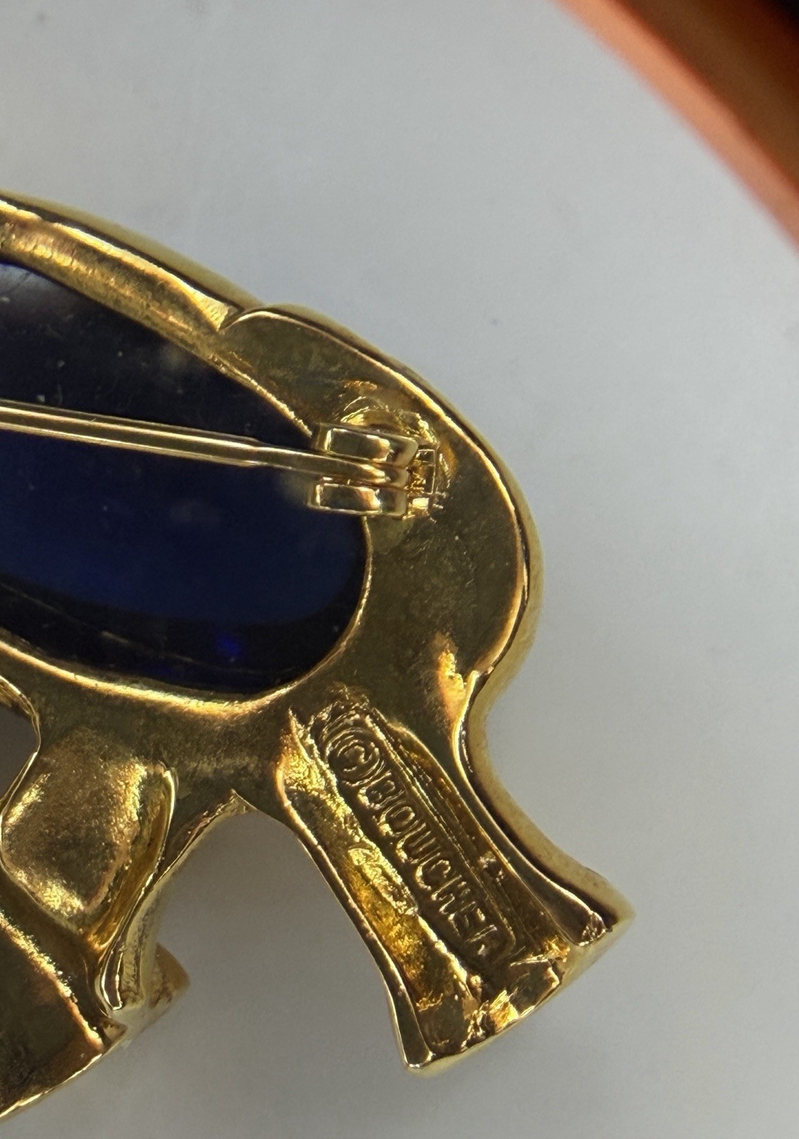 Signed Boucher Elephant Jelly Belly Brooch Blue W Clear Rhinestones Figural RARE
