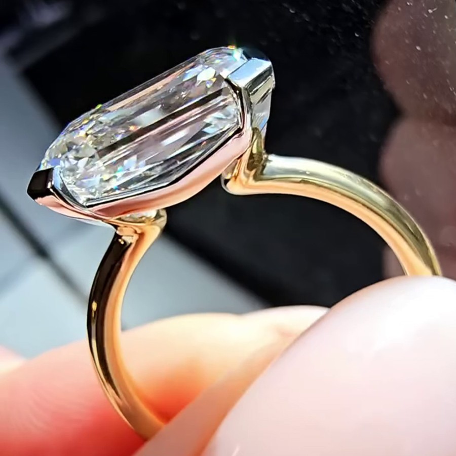3.0 CT Emerald Cut Moissanite Half Bezel Engagement Ring 14K Yellow Gold Plated