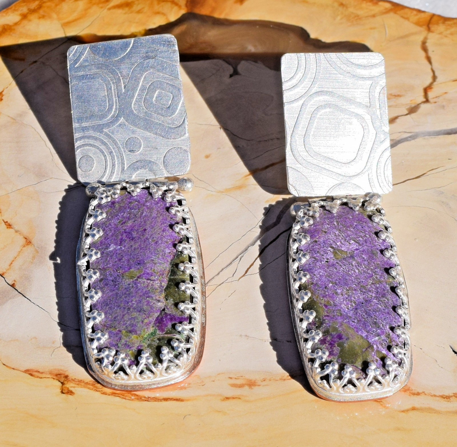 Sugilite Hinged Moving Swaying 925 Sterling Silver Stud Earring Geometric Design