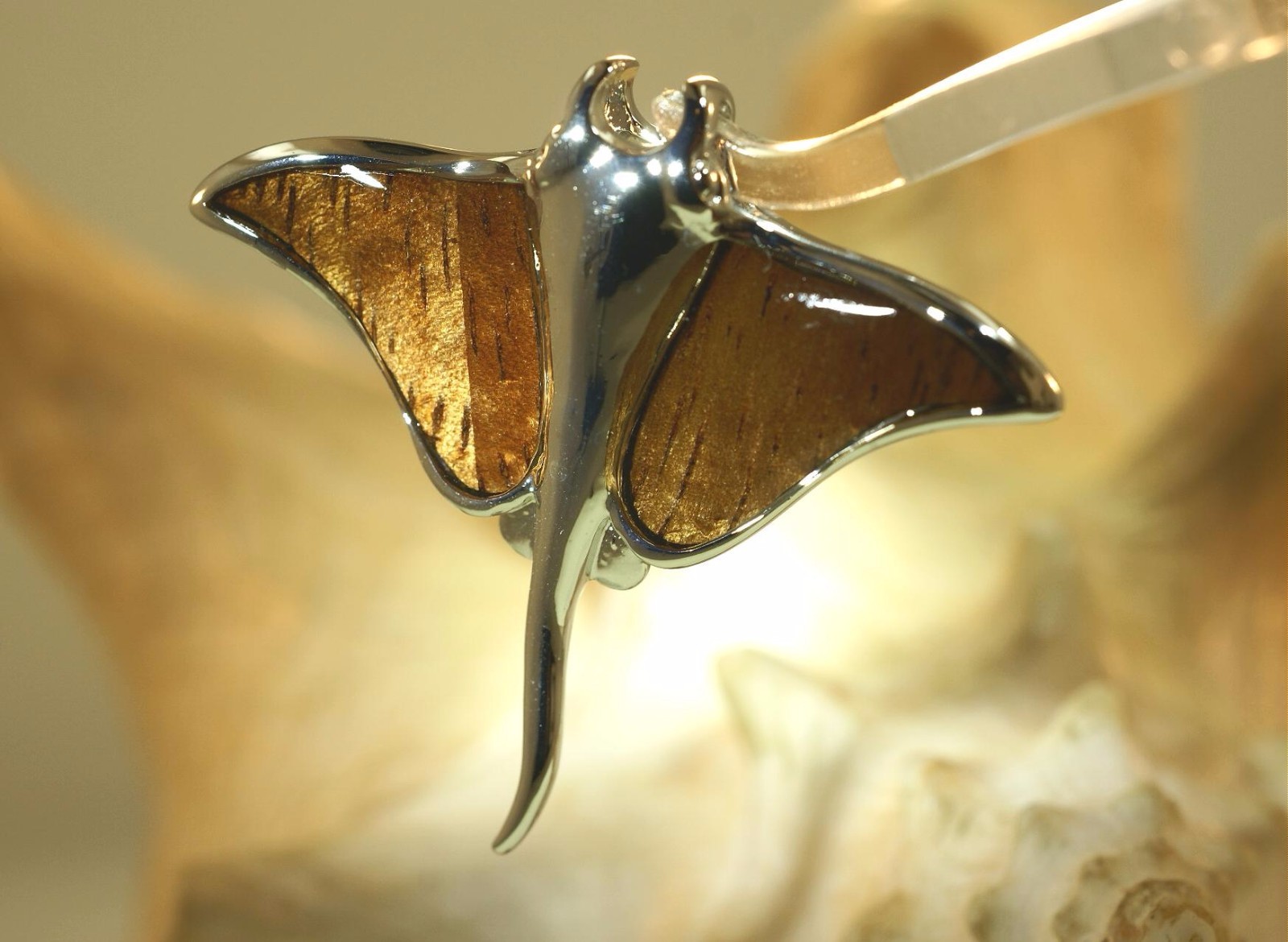 45mm Hawaiian Rhodium Plated Brass Genuine Inlaid Koa Wood Manta Ray Pendant #2