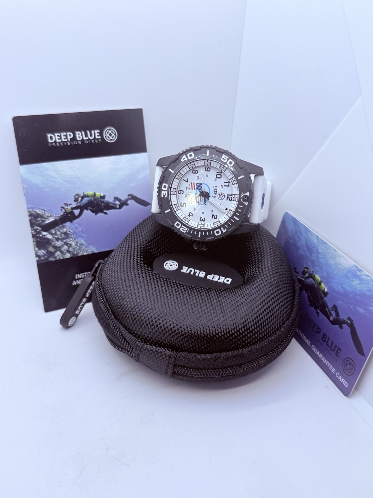 Deep Blue DAYNIGHT 43MM DIVER SOLAR POWERED PC WHITE DIAL USA🇺🇸3 COLOR TUBES‼️