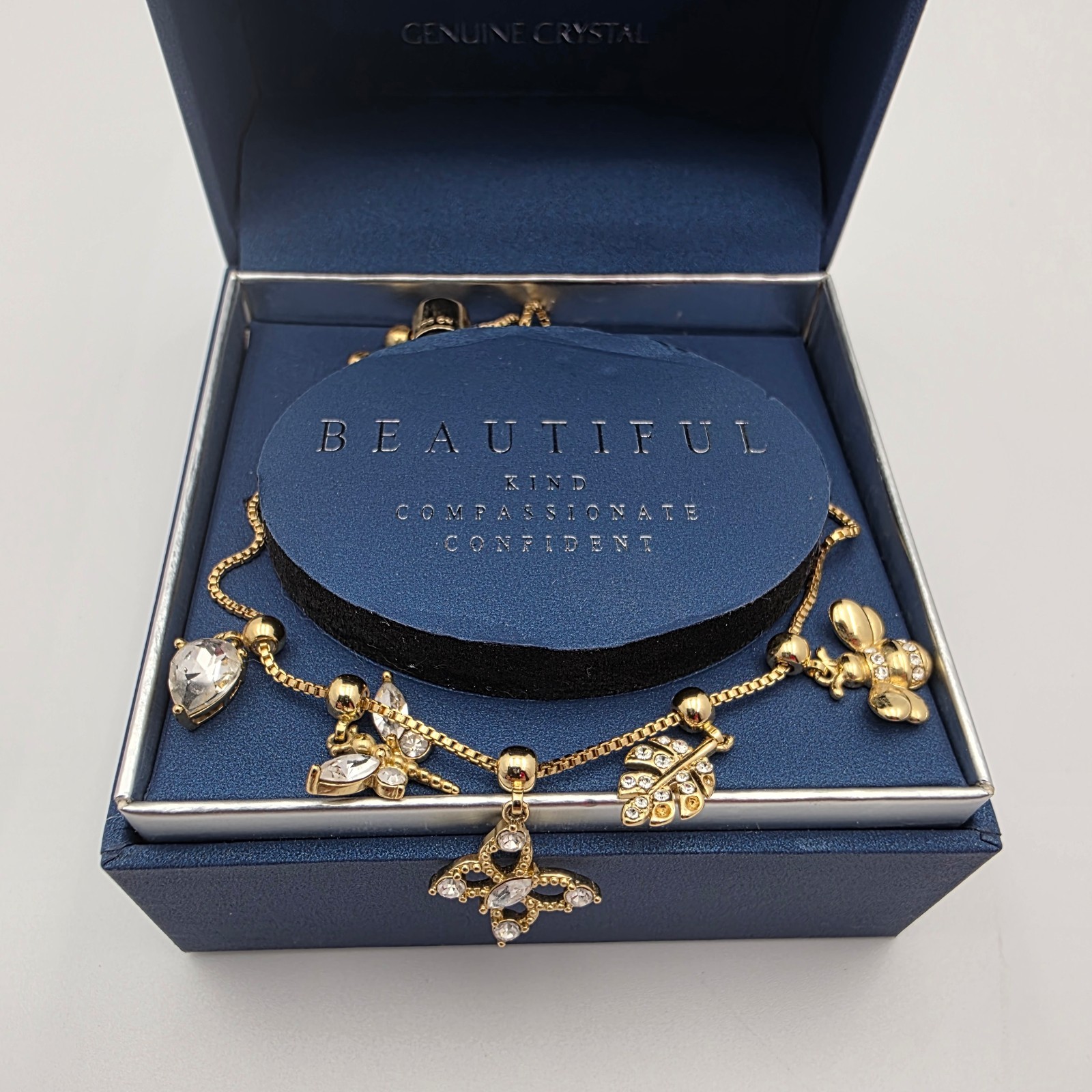 Brilliance Gold Tone Crystal Charm Slider Bracelet Butterfly Bee Leaf w/ Box
