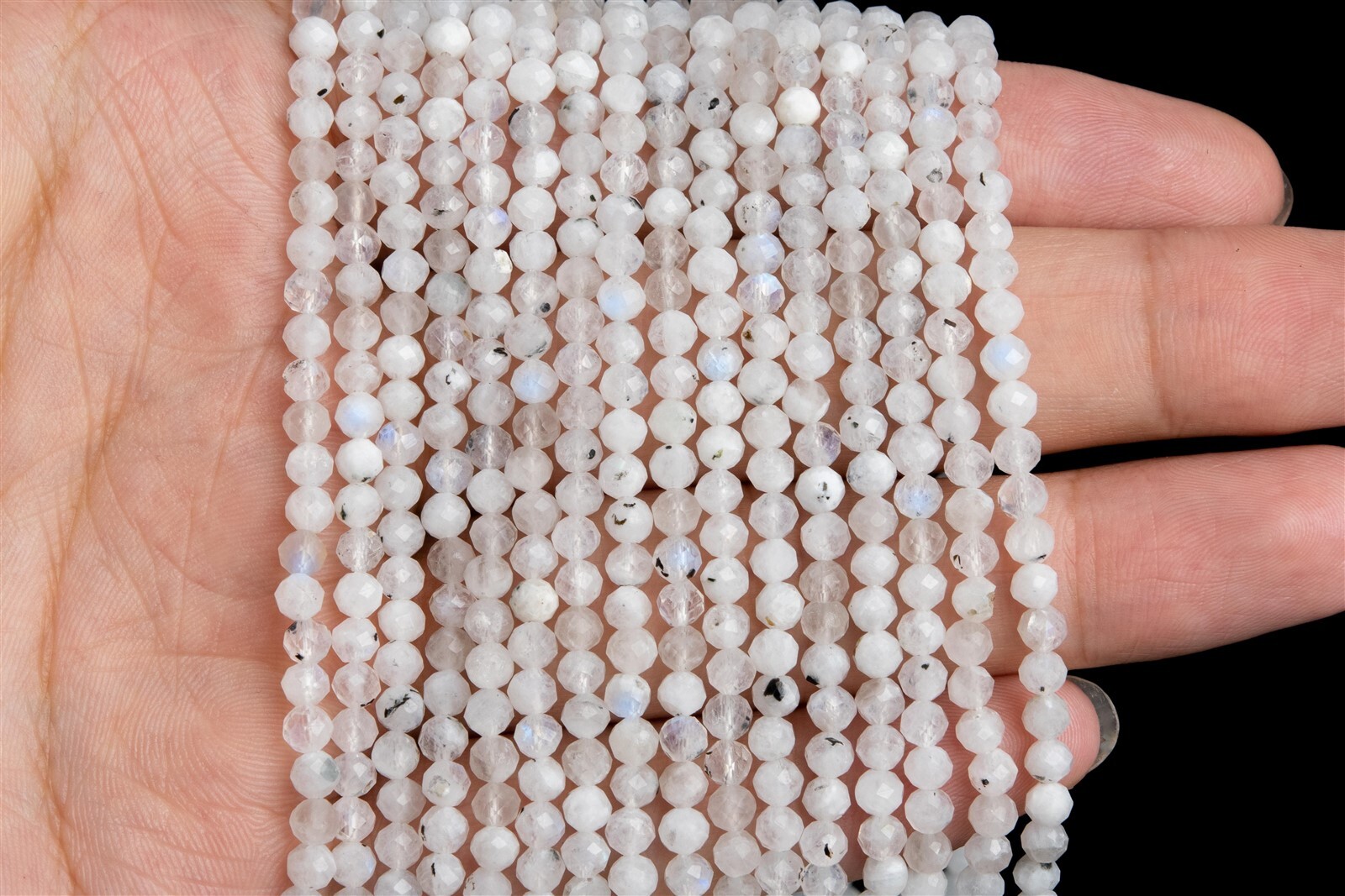 4MM Natural Rainbow Moonstone Tourmaline inclusions Grade A+ Faceted Round Beads