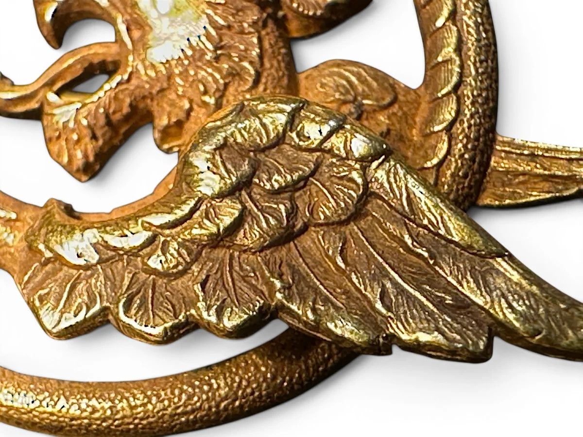 Antique English 14K Yellow Gold Chimera Motif Brooch With Emerald Eye