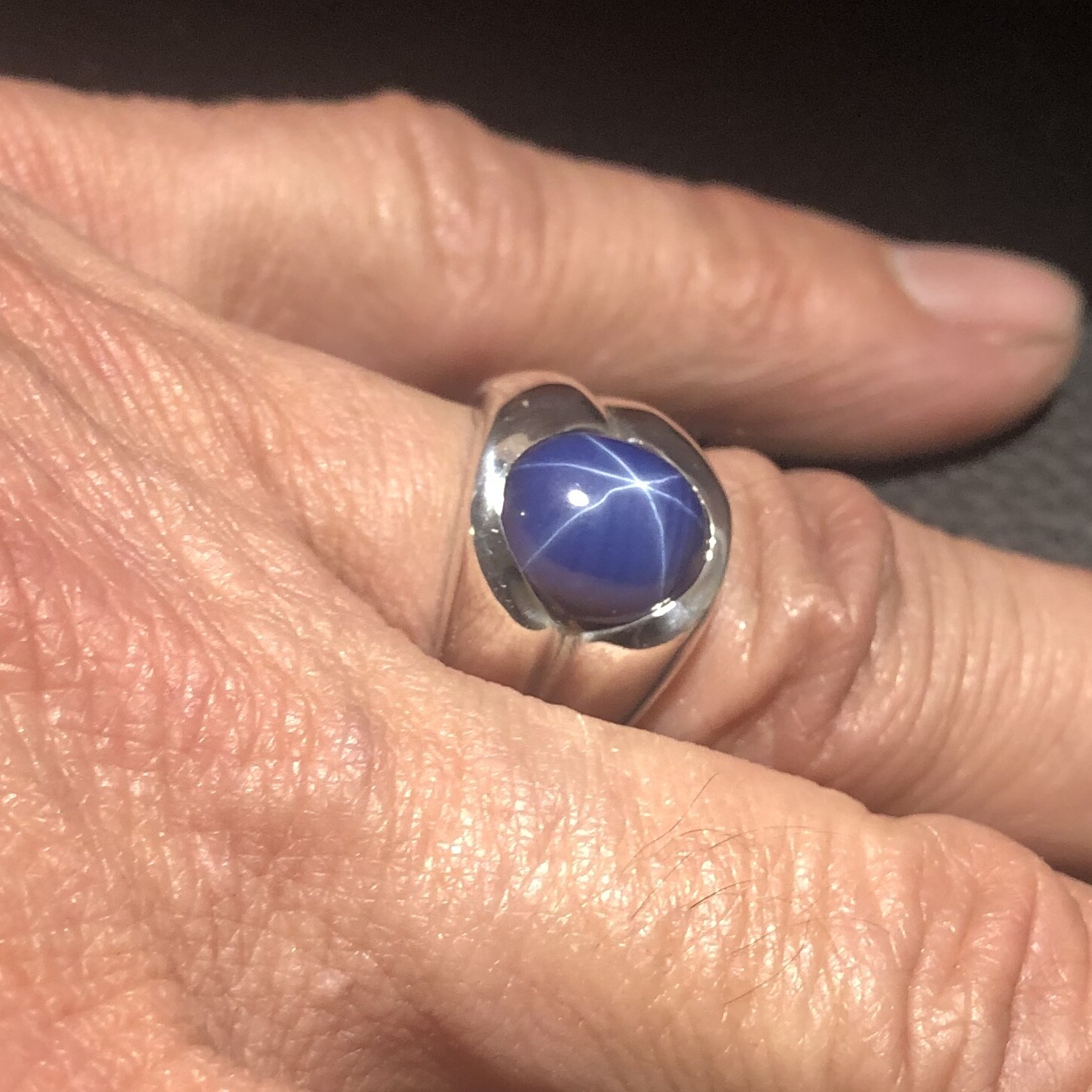 MJG STERLING SILVER MEN’S RING.12 X 10mm LAB CREATED BLUE STAR SAPPHIRE. SZ 9+