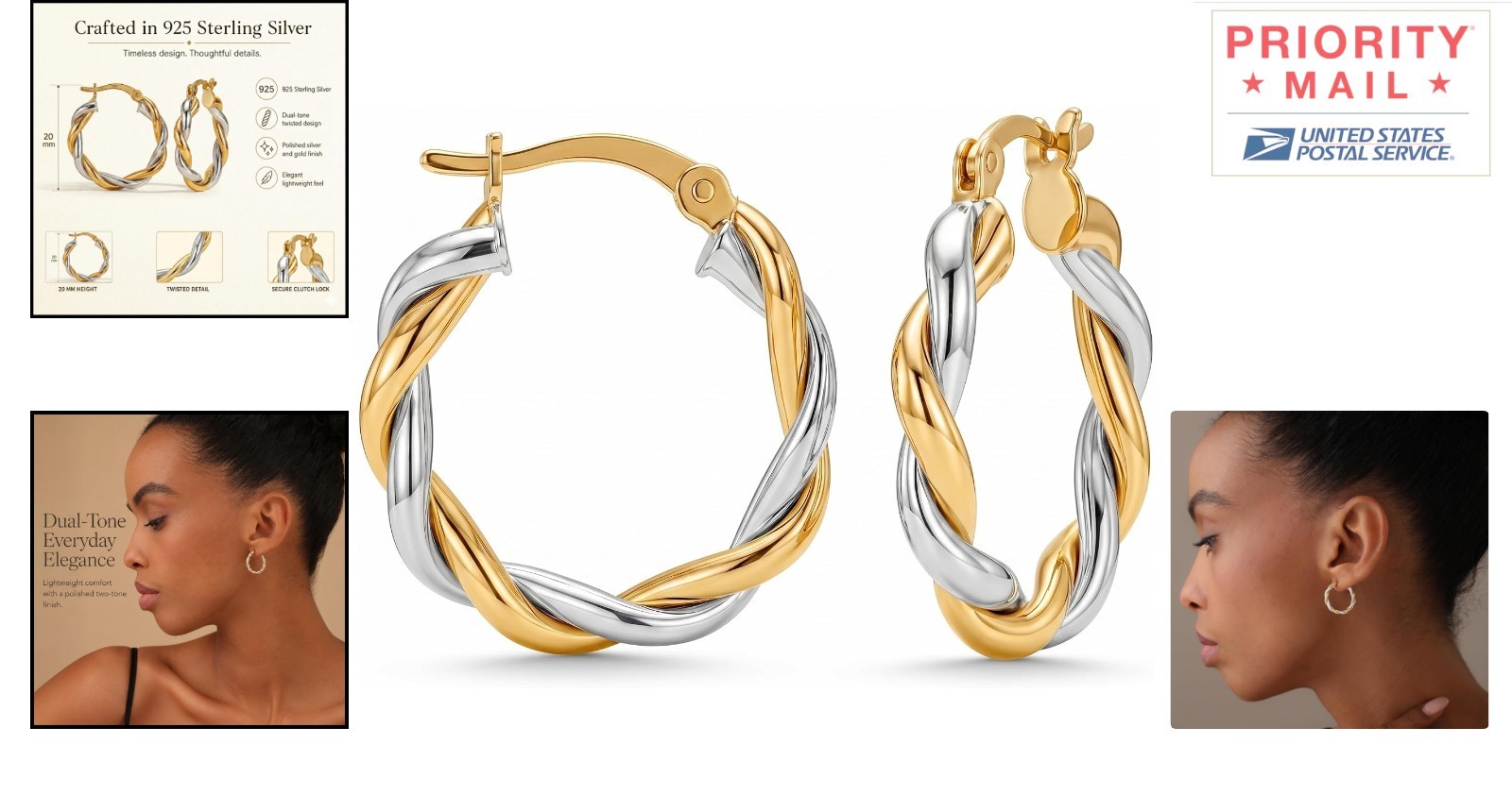 925 Sterling Silver Textured Two-Tone Hoop Earrings 20mm Click-Top Closure