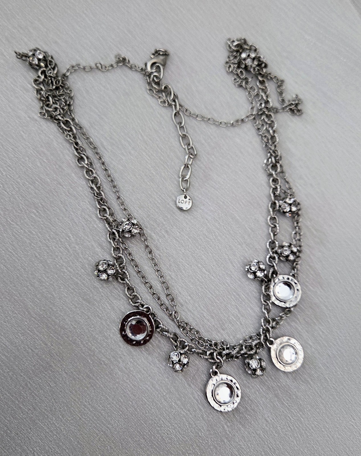 Ann Taylor Loft Multi-strand Necklace Bezel Crystals Silver Tone Disco Beads