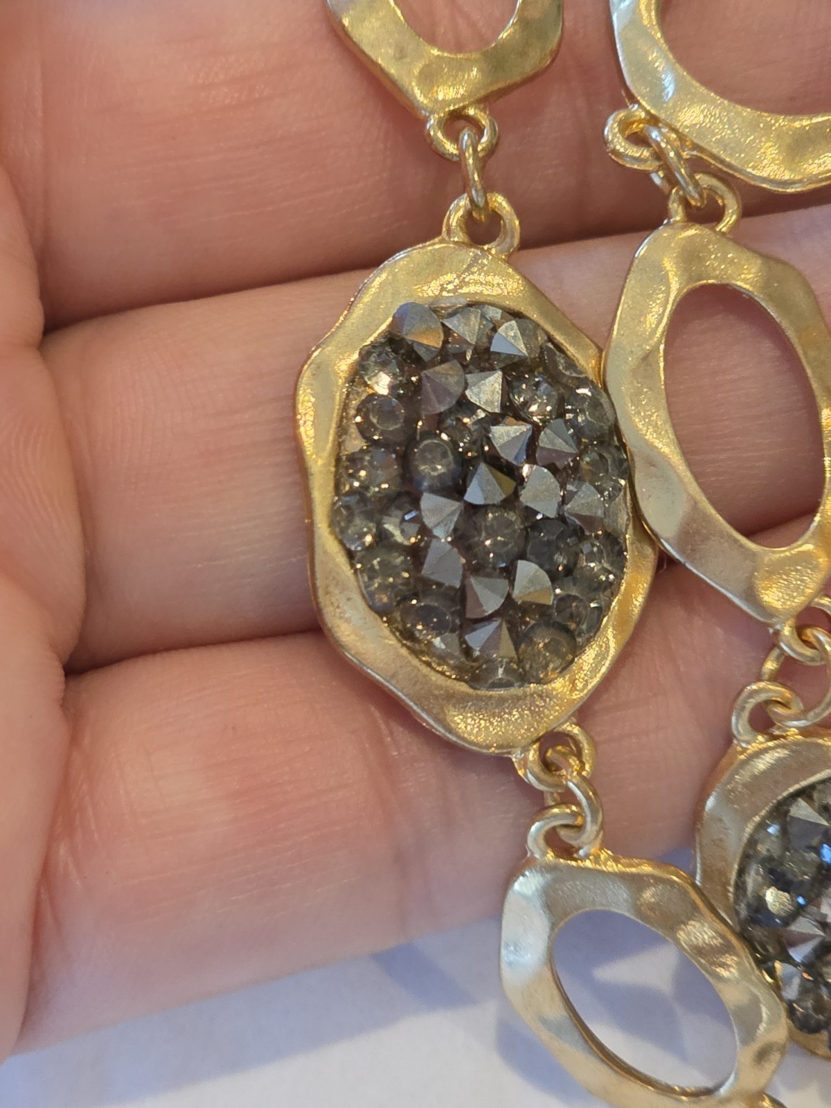 Sparkly Layered Charcoal Gray Bicone Glass Bead Station Necklace Gold Tone Chain