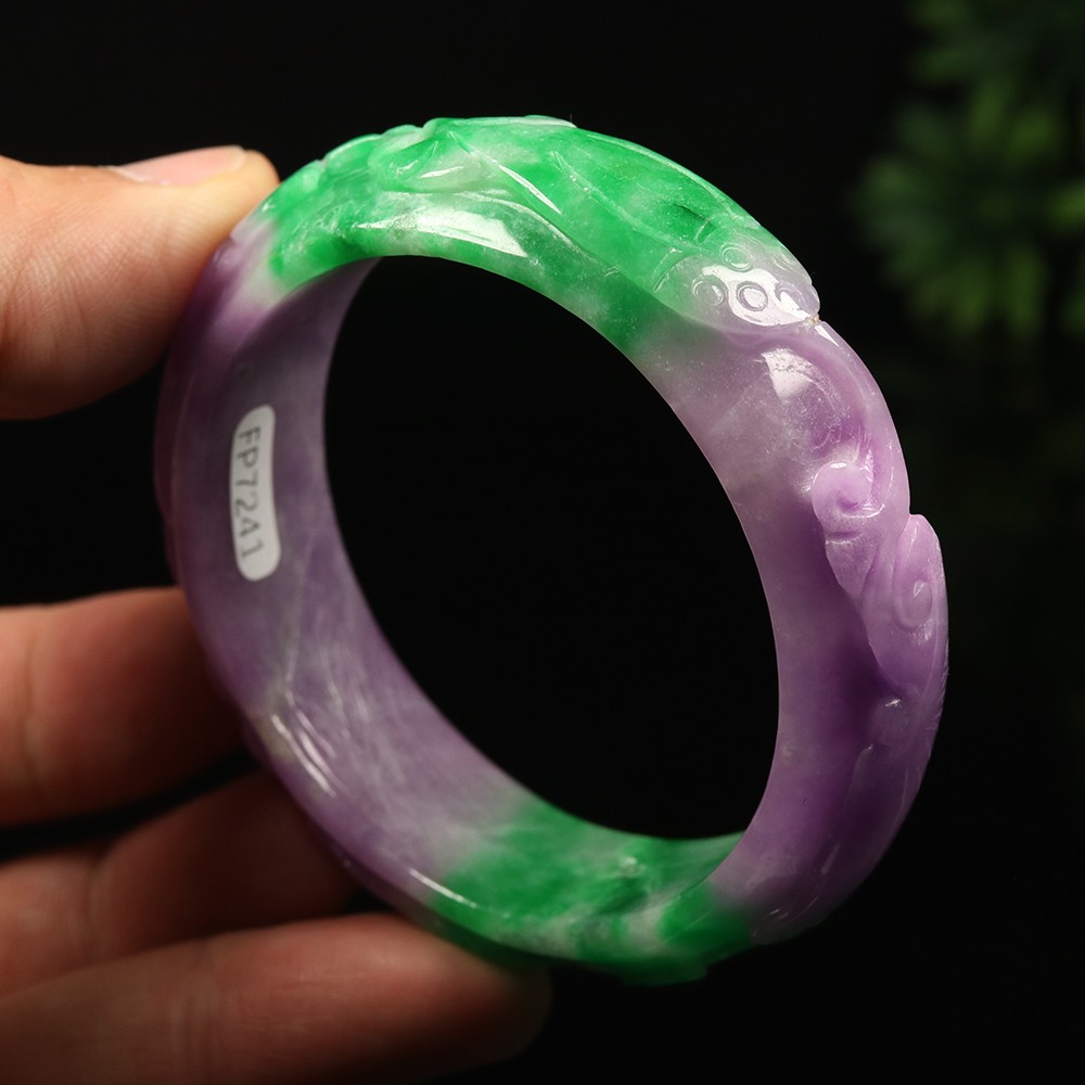 55mm Lavender Purple Green Jadeite Jade Bangle Bracelet Ruyi Fish Lotus A-14535