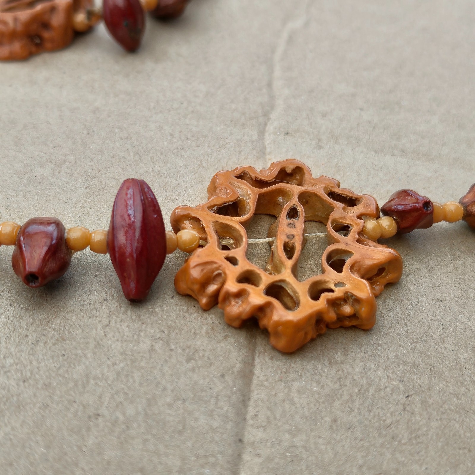 Vintage Chinese Walnut & Seed Long Necklace Boho Ethnic Bead Statement 47″ 120cm