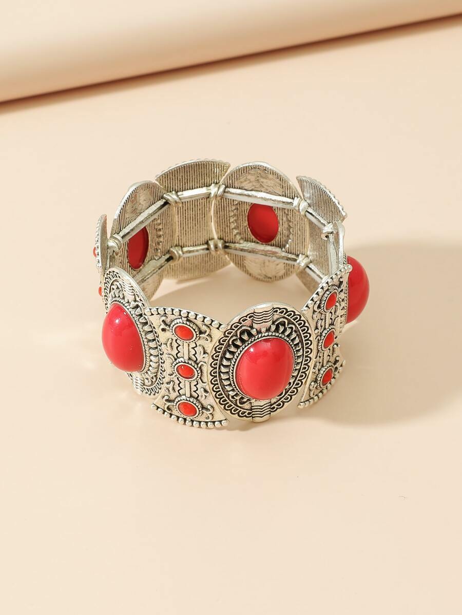 💥 New Boho Stretch Bracelet Faux Coral & Silver Tone Alloy💥