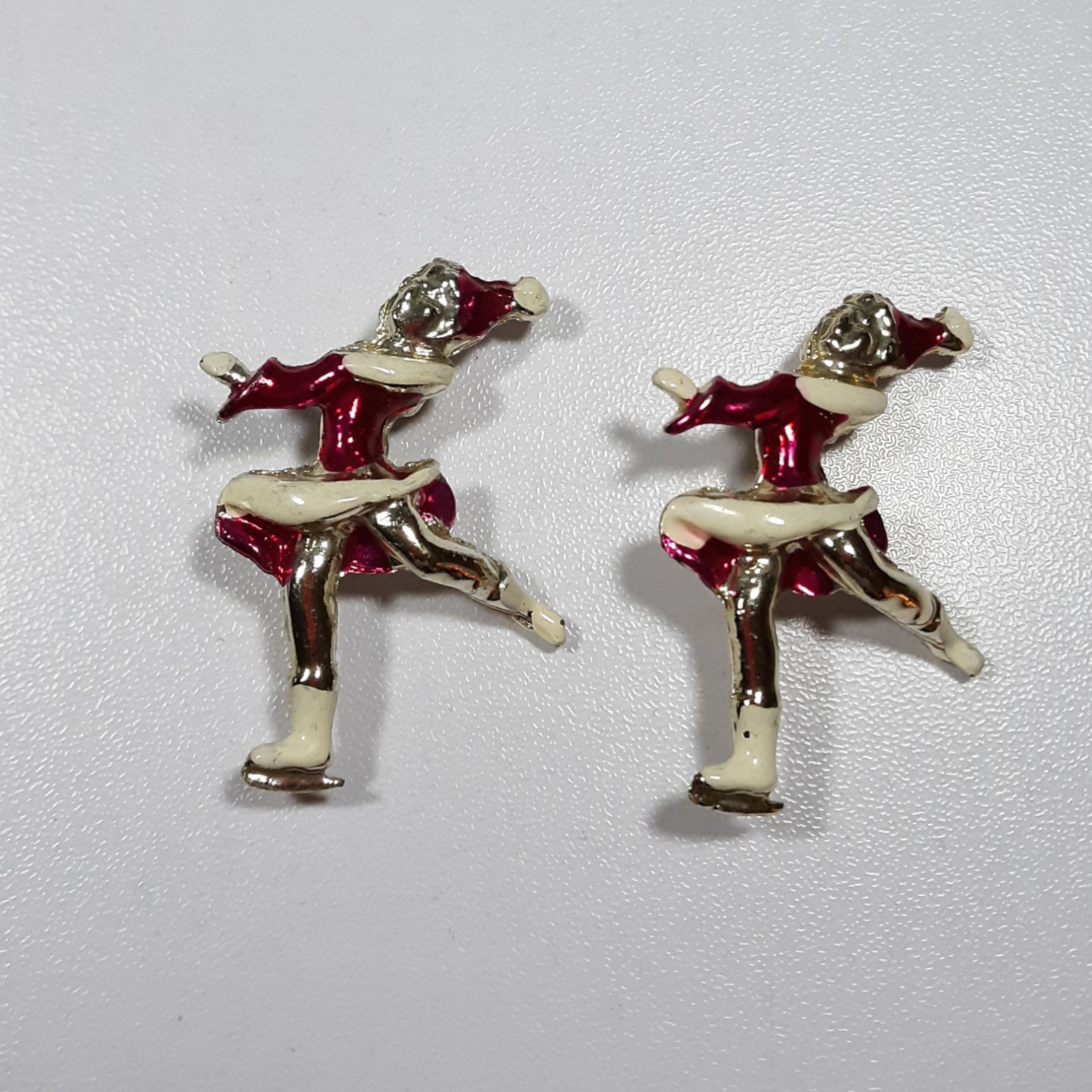 Christmas Ice Skater Winter Pin Pink White 2pc Silver Tone Gift Women Lapel Pins