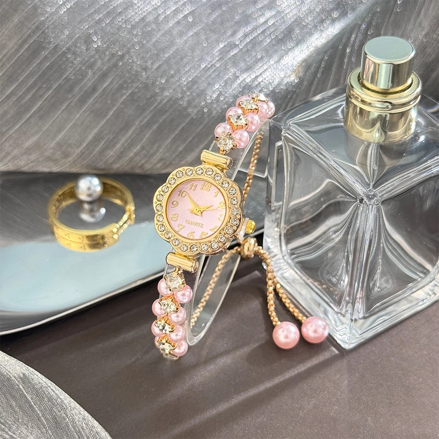 Double-Row Pearl Pull-Open Bracelet Diamond-Encrusted Case Arabic Numeral Scale