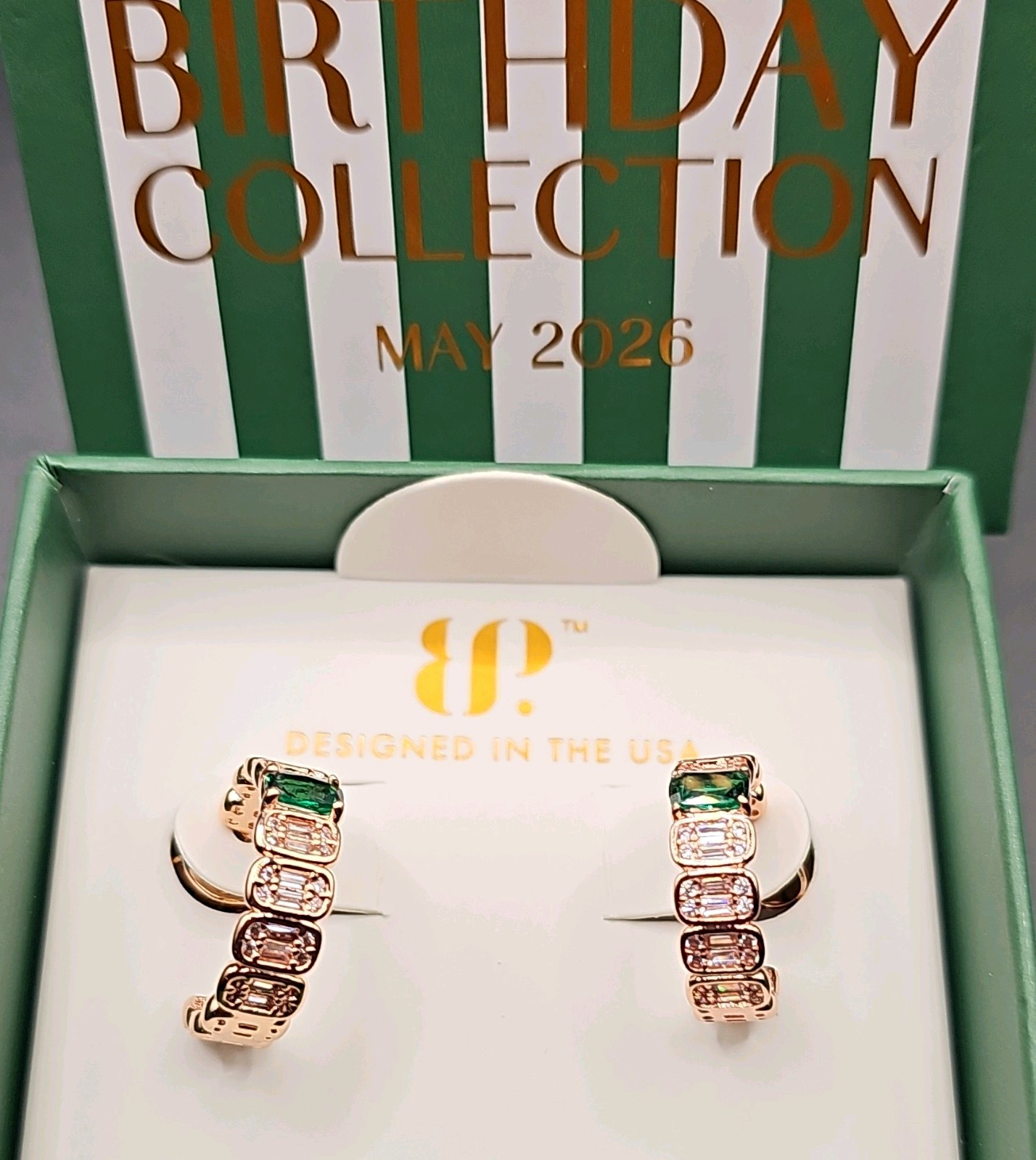BP Birthday Collection Avery Hoops ER83940 Rose Gold Plated Emerald Hoops