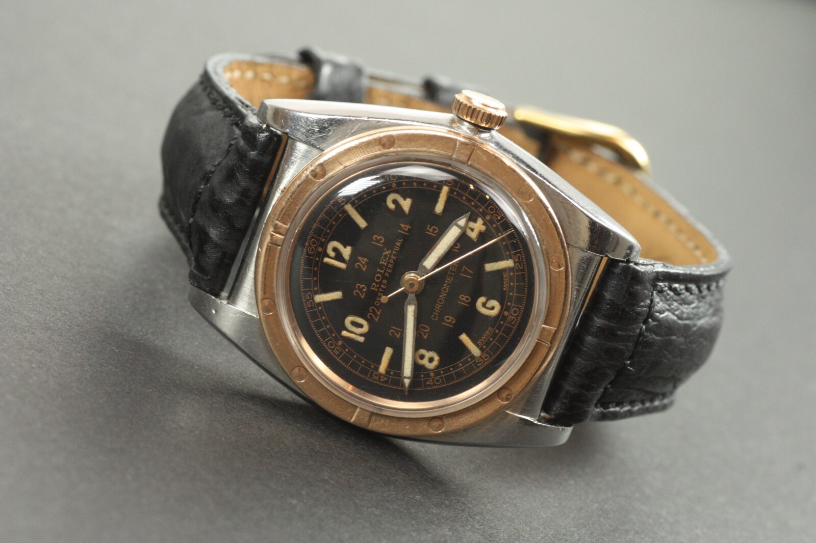 Rolex Bubbleback REF 3372 Rose Gold & Steel Circa 1940s Chronometer Sweep Second