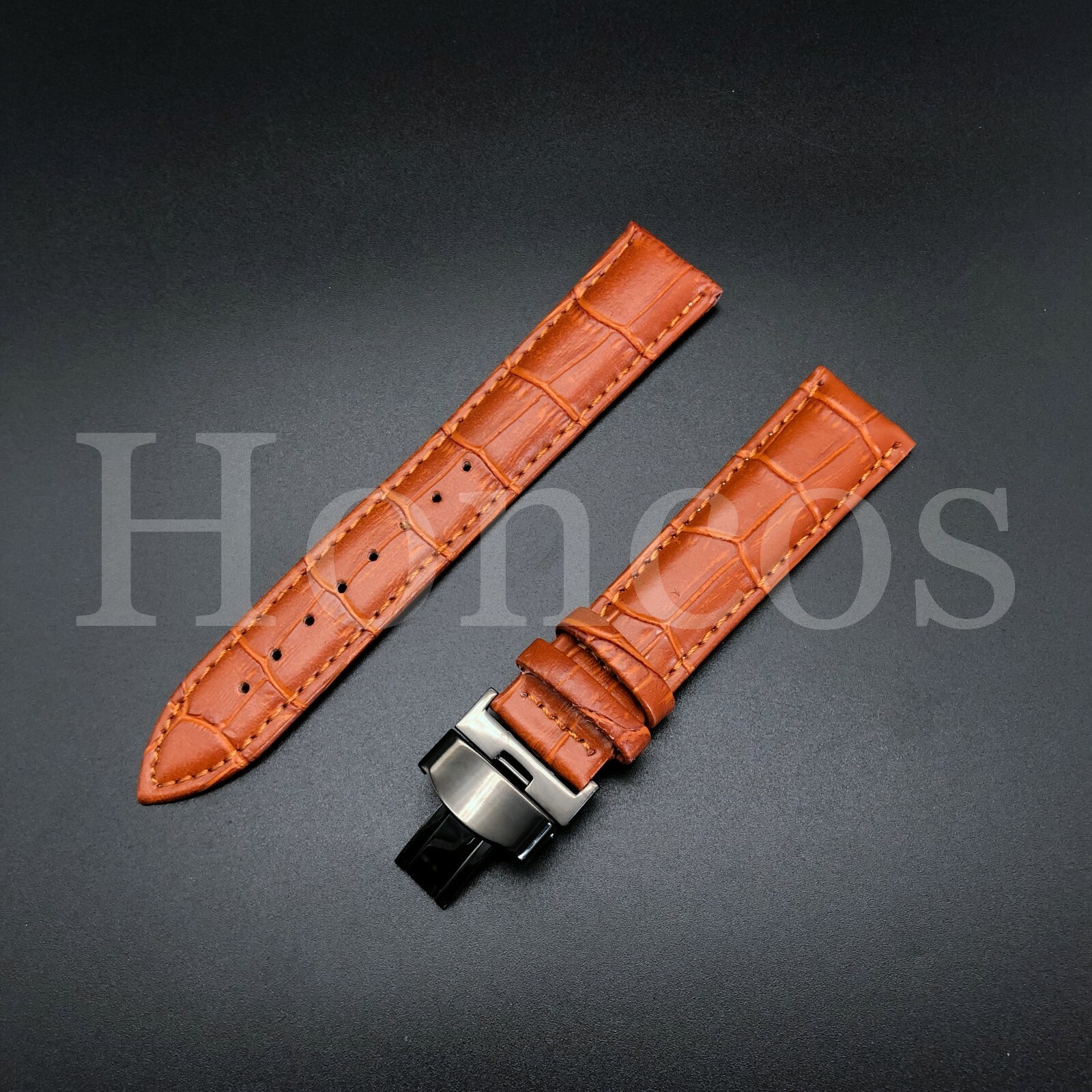 22mm Brown Genuine Leather Watch Band with Black Push Button Deployant Clasp