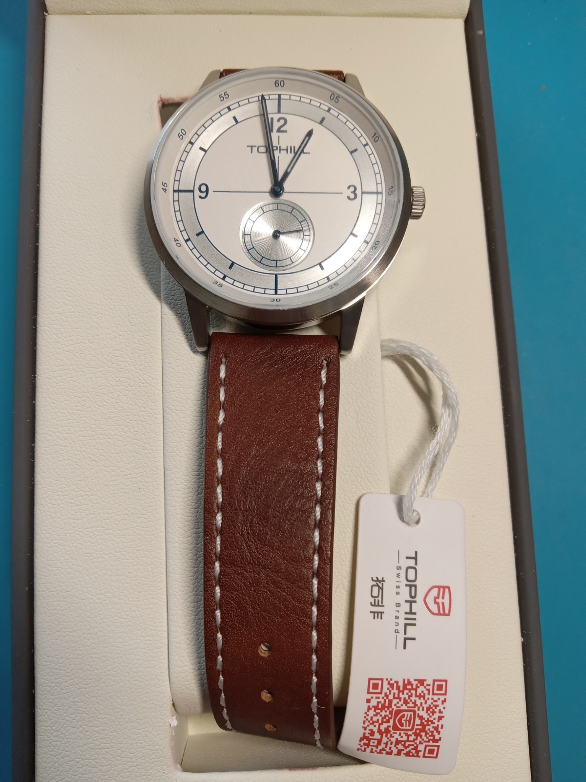 Men Tophill White Sector Dial Small Seconds Hand 40mm SS Sapphire Lens Watch